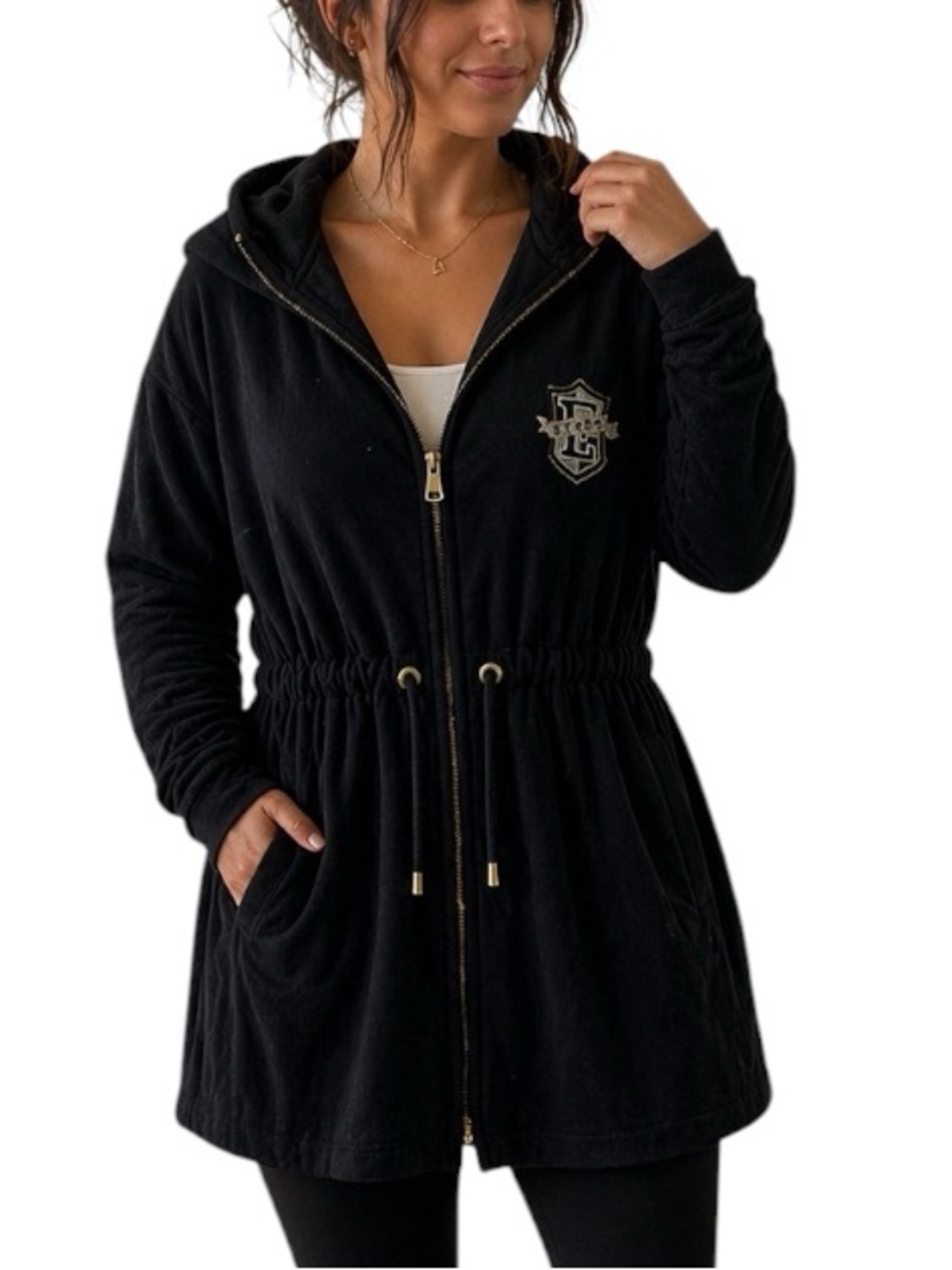 Vintage Escalada Sport Medium Black Relaxed Fit Velour Long Hooded Jacket
